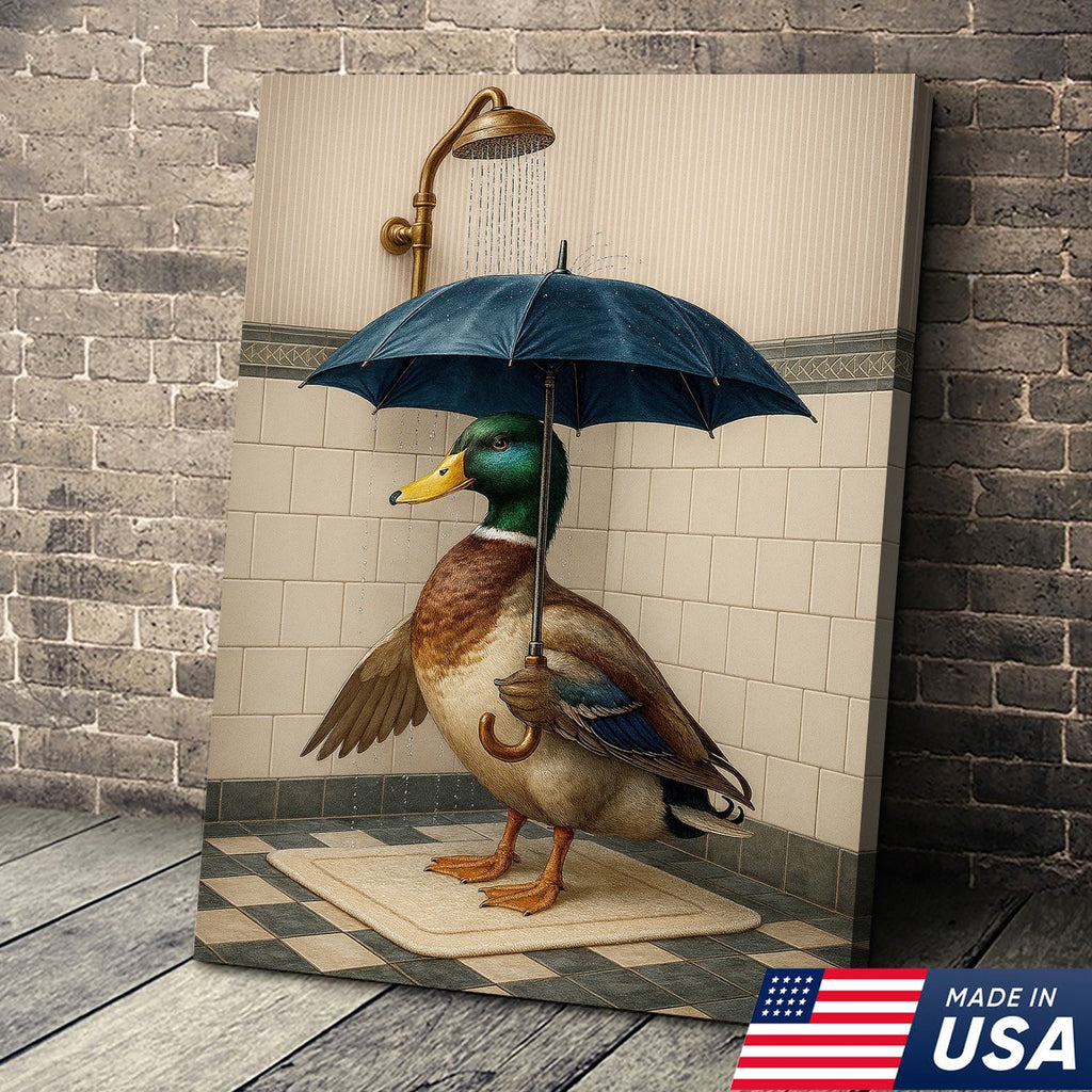 Duck with Umbrella in Shower Canvas Wall Art, Quirky Bathroom Wall Decor