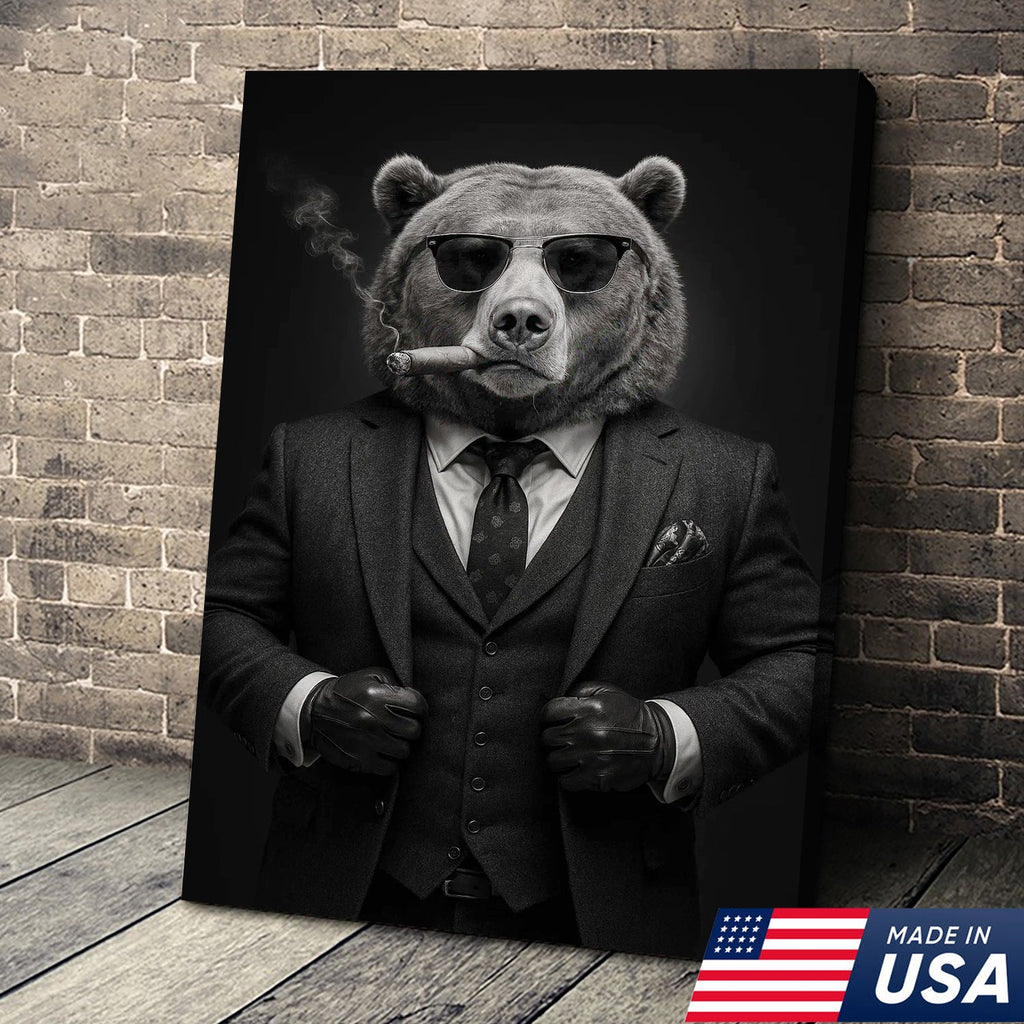 Bear in Suit Canvas Wall Art, Black and White Animal Portrait, Modern Office Decor for Men