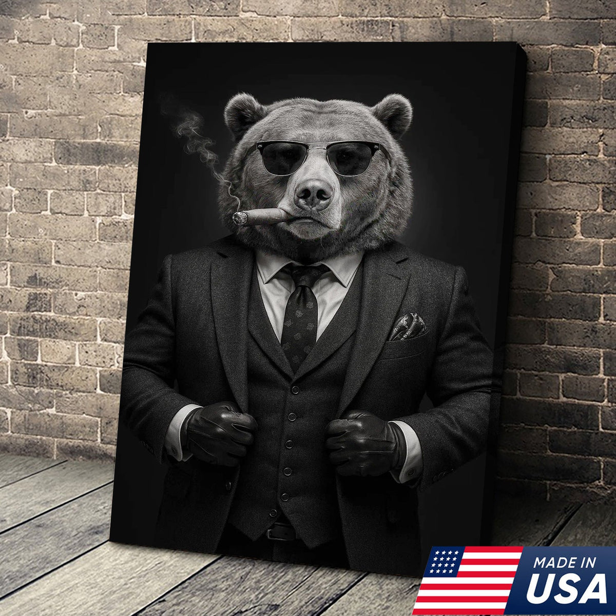 Bear in Suit Canvas Wall Art, Black and White Animal Portrait, Modern Office Decor for Men