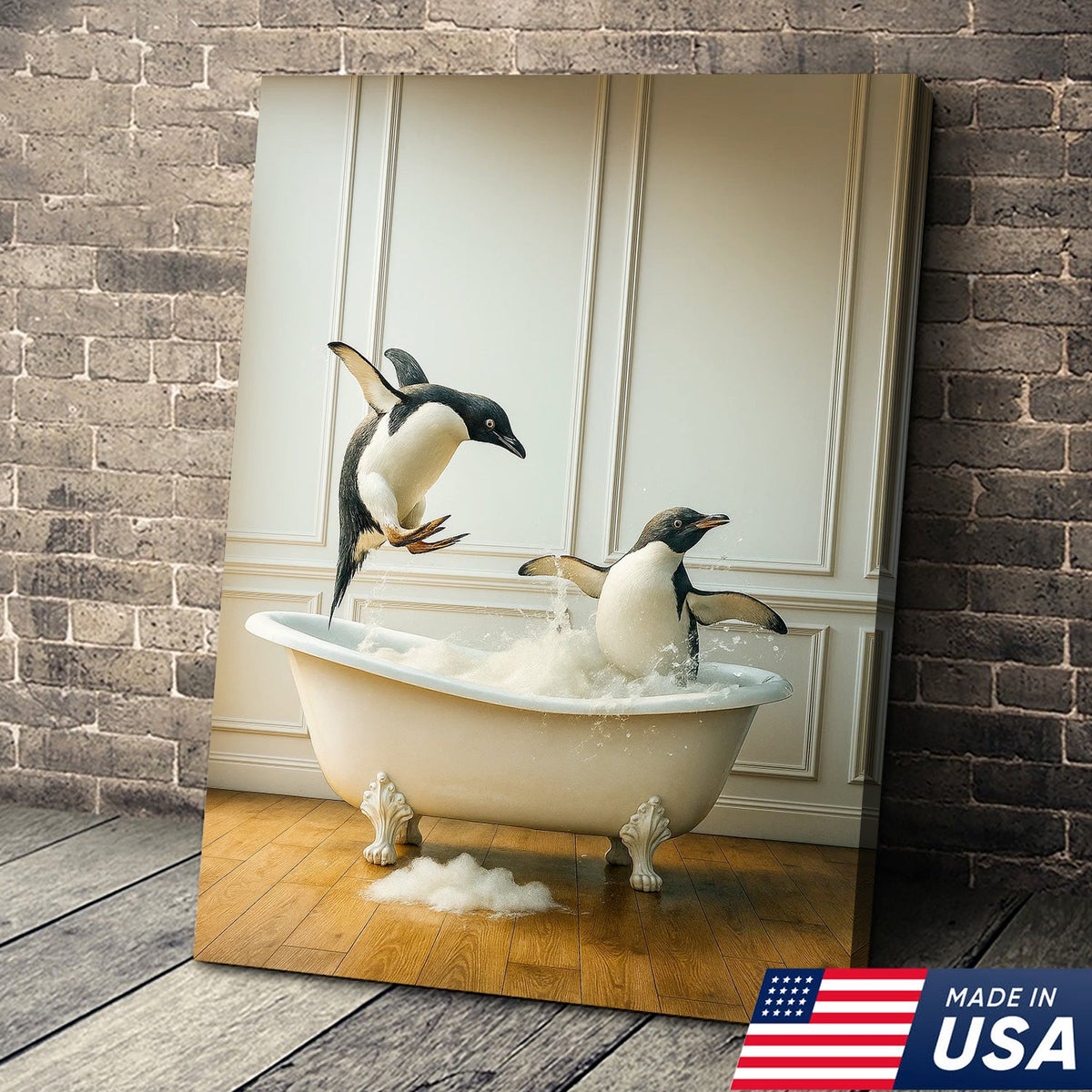 Playful Penguin Bubble Bath Wall Art Canvas, Jumping Penguins in Bathtub Bathroom Decor