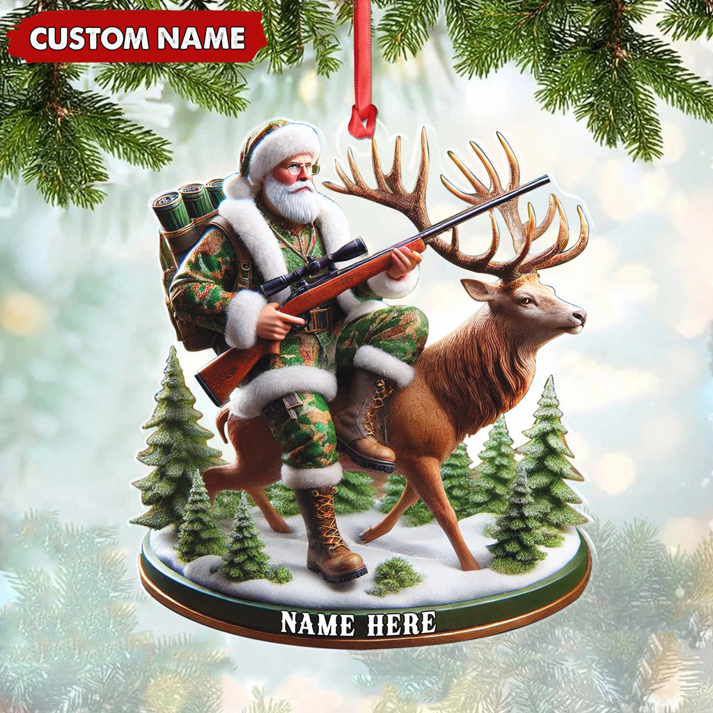 Personalized Acrylic Hunter Santa Riding Deer Christmas Ornament - Custom Hunting Gift Decoration