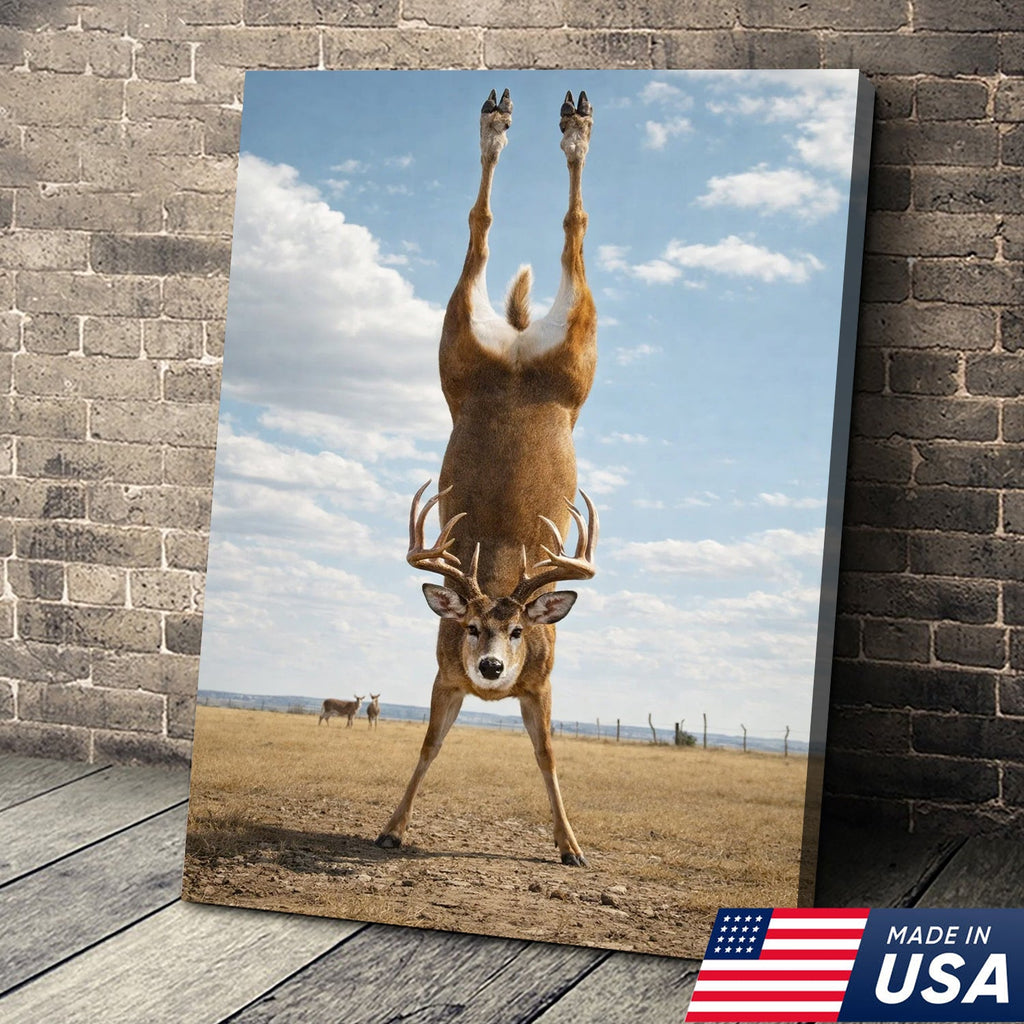Upside Down Deer Canvas Wall Art, Funny Wildlife Photography Print