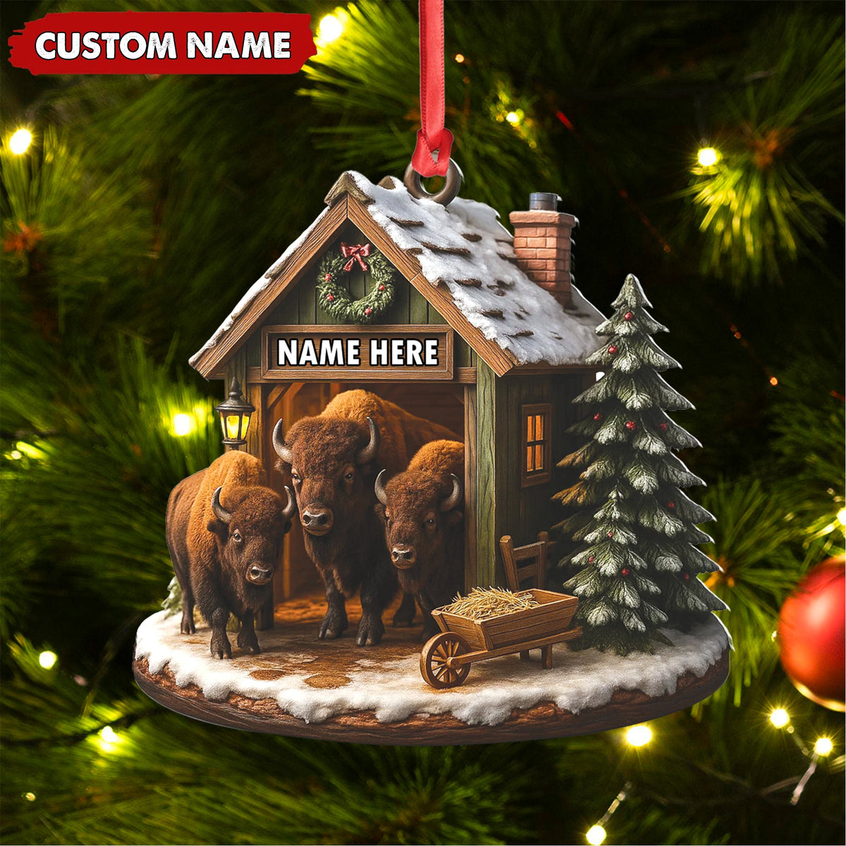 Personalized Acrylic Bison Christmas Ornament – Custom Buffalo Barn Holiday Decor