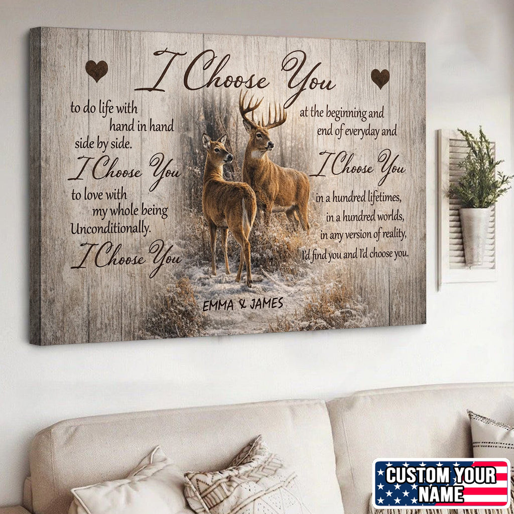 I Choose You Deer Couple Canvas Print, Romantic Woodland Love Wall Art Personalized Gift