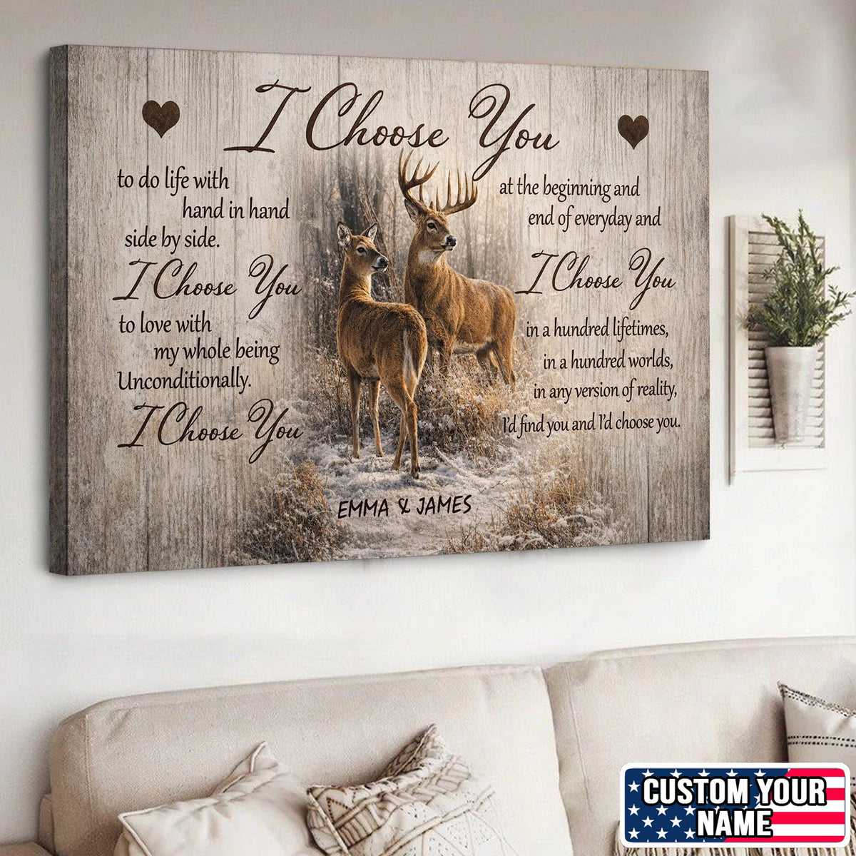I Choose You Deer Couple Canvas Print, Romantic Woodland Love Wall Art Personalized Gift