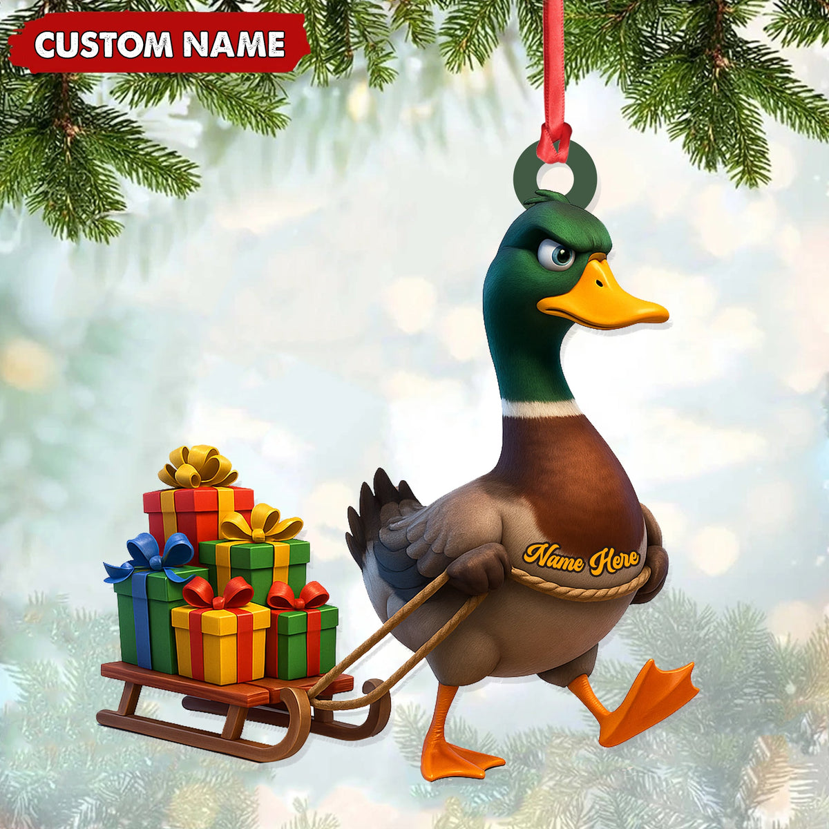 Funny Duck Acrylic Christmas Ornament - Mallard Pulling Gifts, Unique Christmas Gift for Hunters