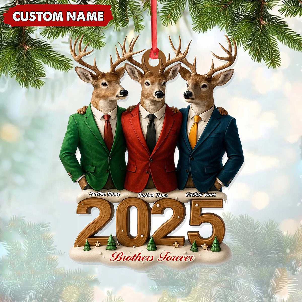 Personalized Brothers Forever 2025 Christmas Ornament, Custom Name Deer Trio in Suits, Funny Family Brother Gift Decor