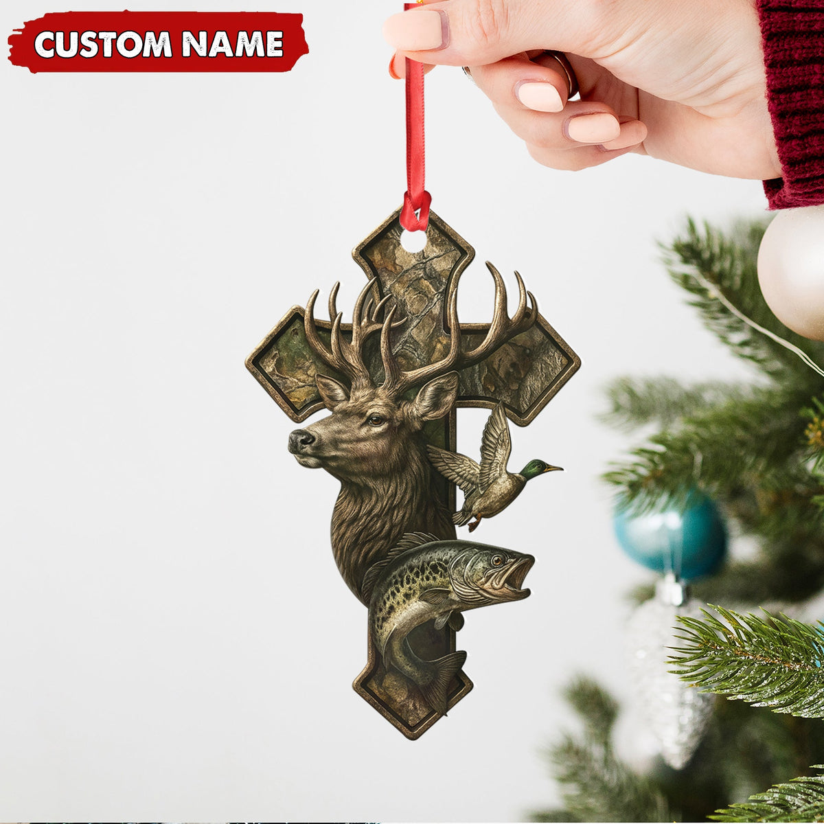 Personalized Hunter Acrylic Ornament – Deer, Duck & Fish Cross Design for Christmas Tree Decor