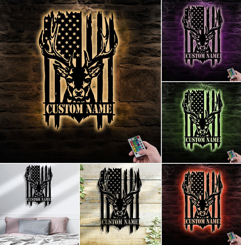 Personalized Vertical American Flag Deer Hunting Metal Sign WITH LED/WITHOUT LED Light Rustic Lodge Wall Decor