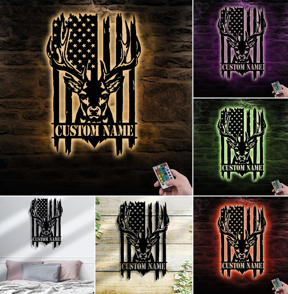 Personalized Vertical American Flag Deer Hunting Metal Sign WITH LED/WITHOUT LED Light Rustic Lodge Wall Decor