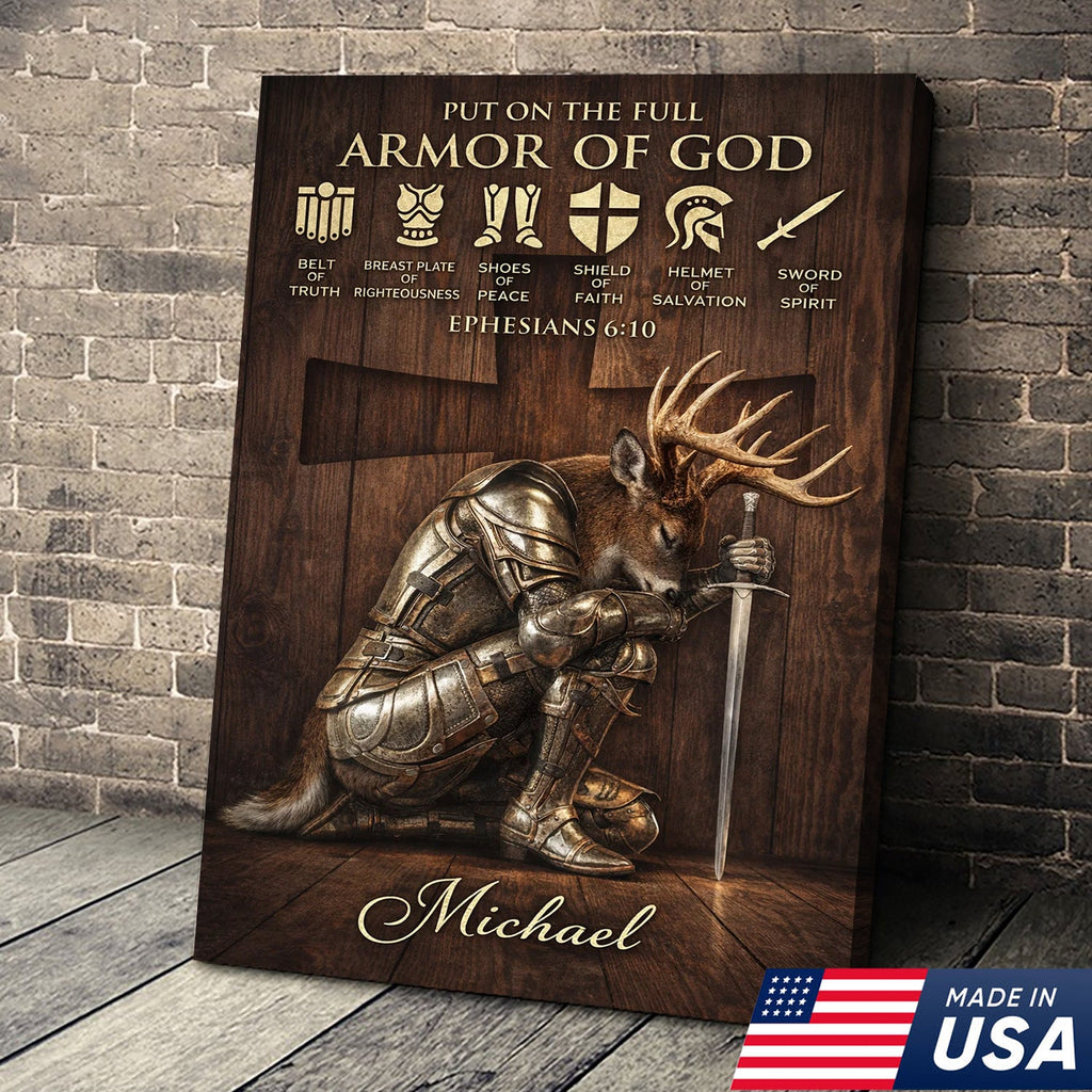 Personalized Armor of God Deer Knight Canvas Wall Art, Christian Ephesians 6:10 Scripture Artwork