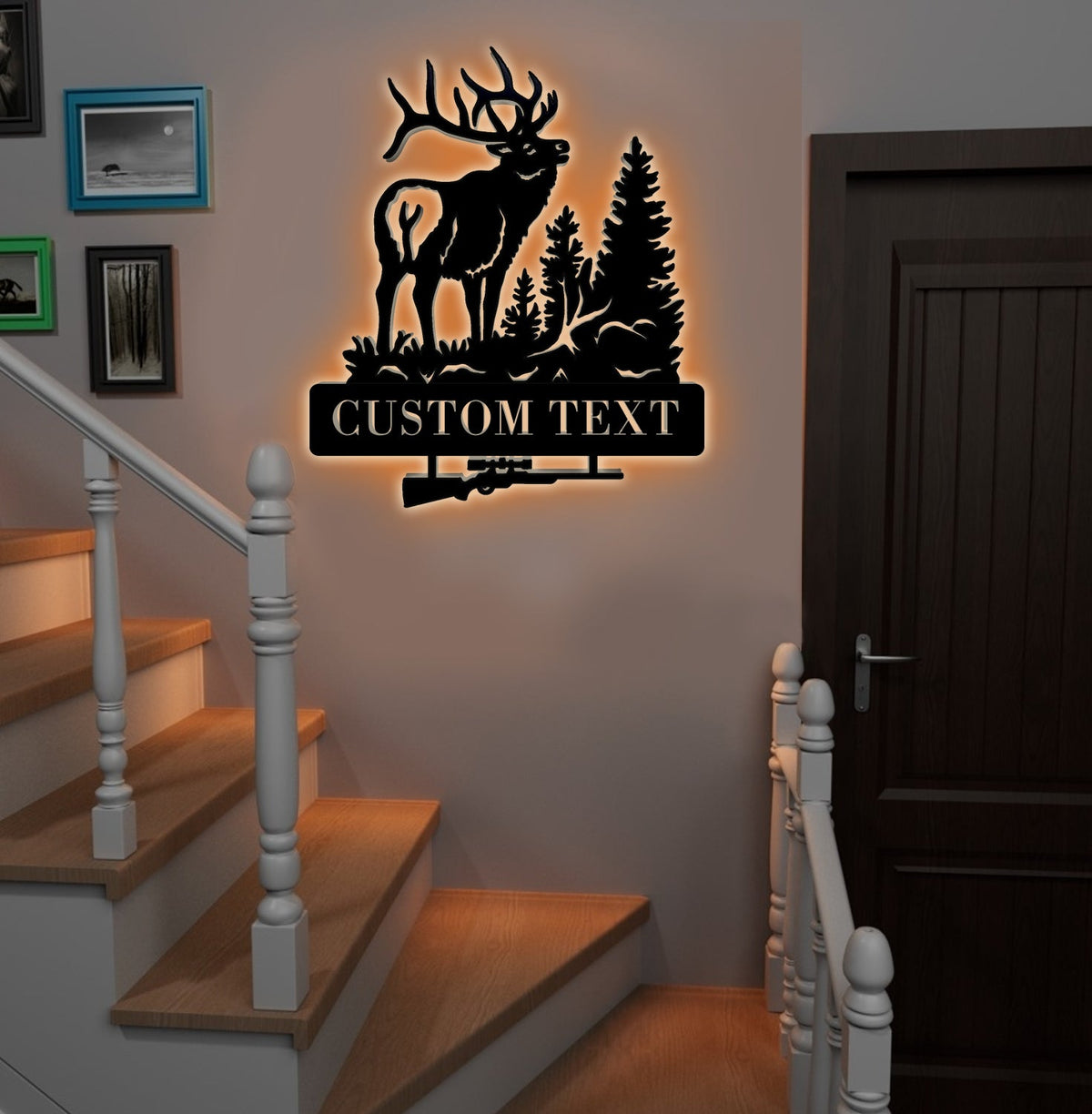 Personalized Elk Hunting Metal Sign WITH LED/WITHOUT LED Light Deer Forest Scene Custom Name Rifle Wall Art Hunter Gift