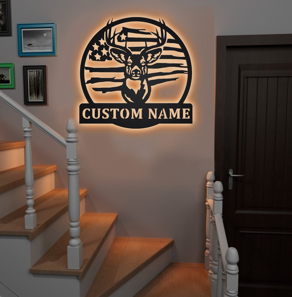 Custom Name American Flag Deer Hunting Metal Sign WITH LED/WITHOUT LED Light Rustic Lodge Wall Decor