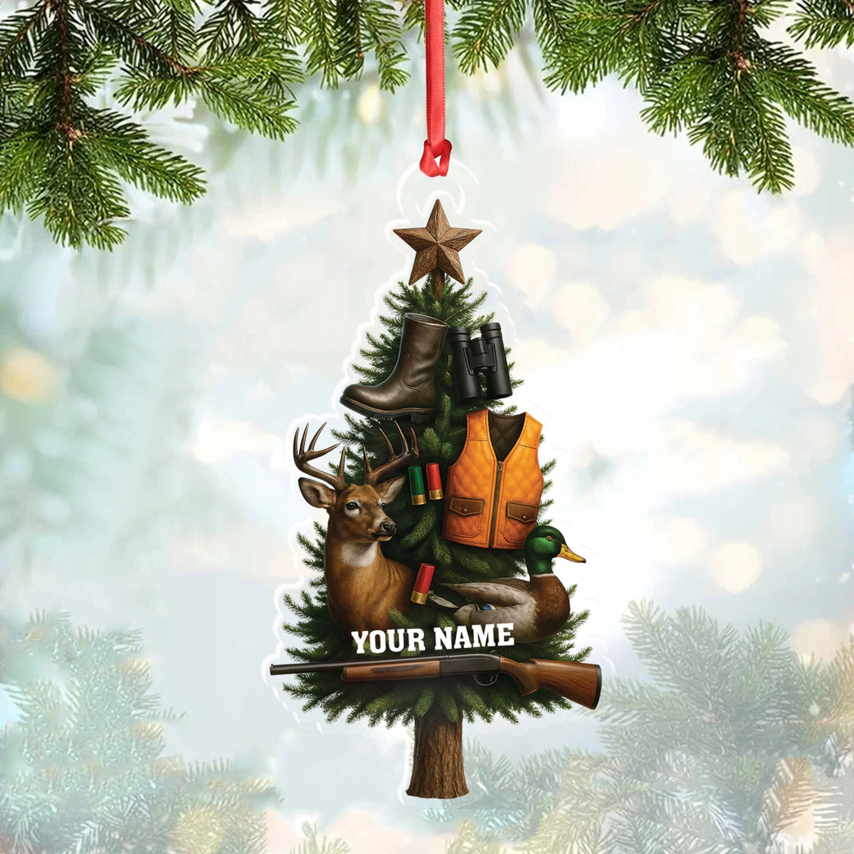 Custom Name Hunting Christmas Tree Ornament, Deer & Duck Hunter Decor, Personalized Outdoorsman Gift