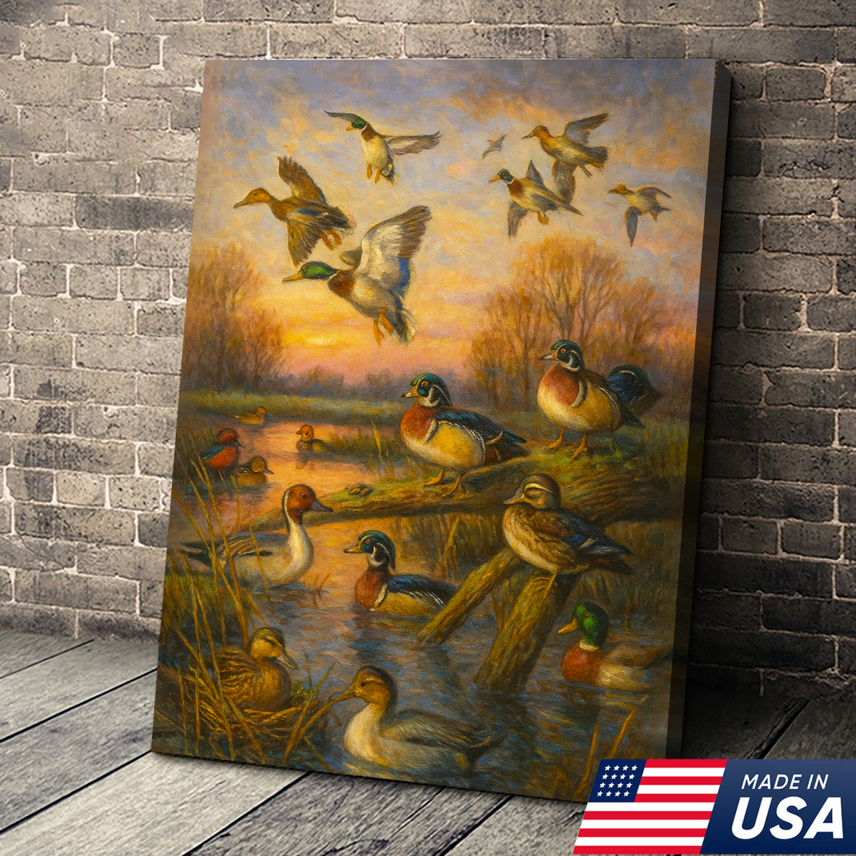 Duck Hunting Canvas Wall Art – Oil Painting Style Waterfowl at Sunset Rustic Lodge Decor