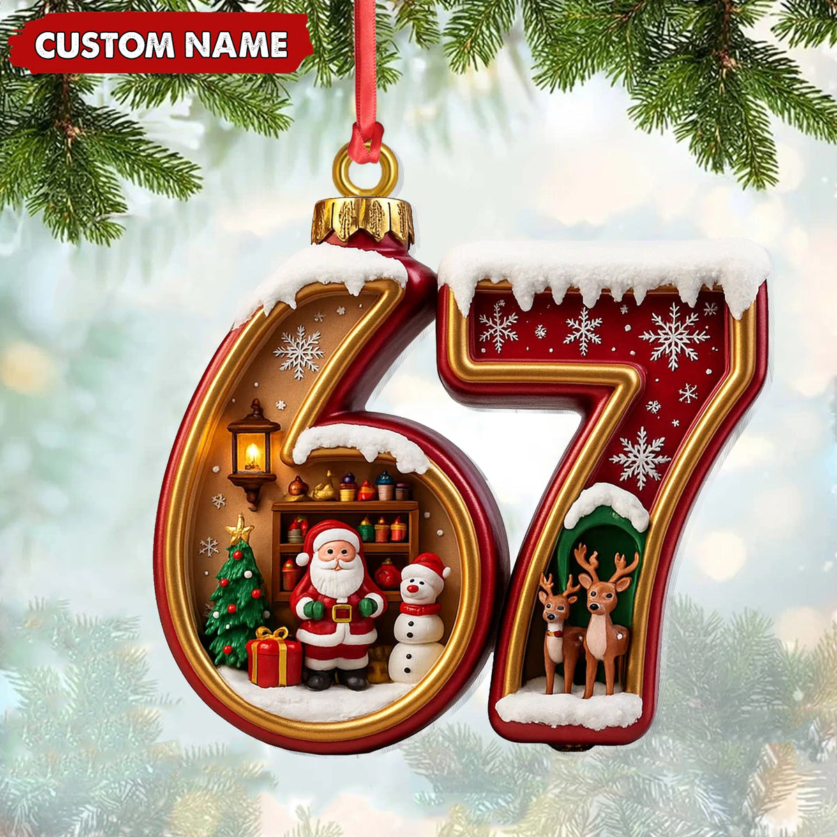 Personalized 67 Christmas Ornament, Custom Name Santa & Reindeer Number 67 Bauble, Holiday Tree Decoration