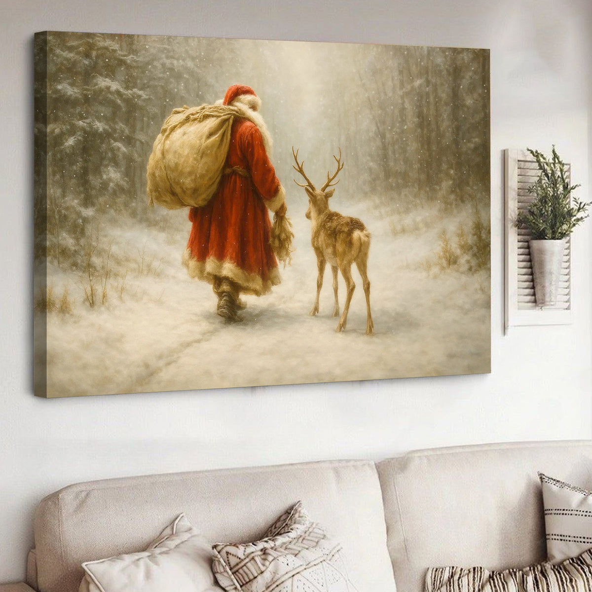 Vintage Santa and Reindeer Canvas Wall Art, Rustic Snowy Forest Christmas Scene