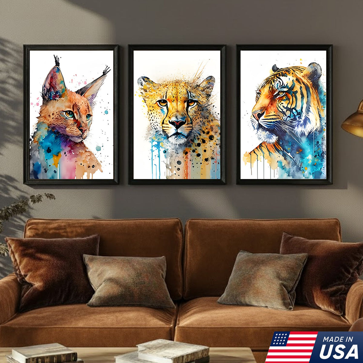 Watercolor Big Cat Wall Art Canvas Set, Colorful Wildlife Animal Portrait Triptych