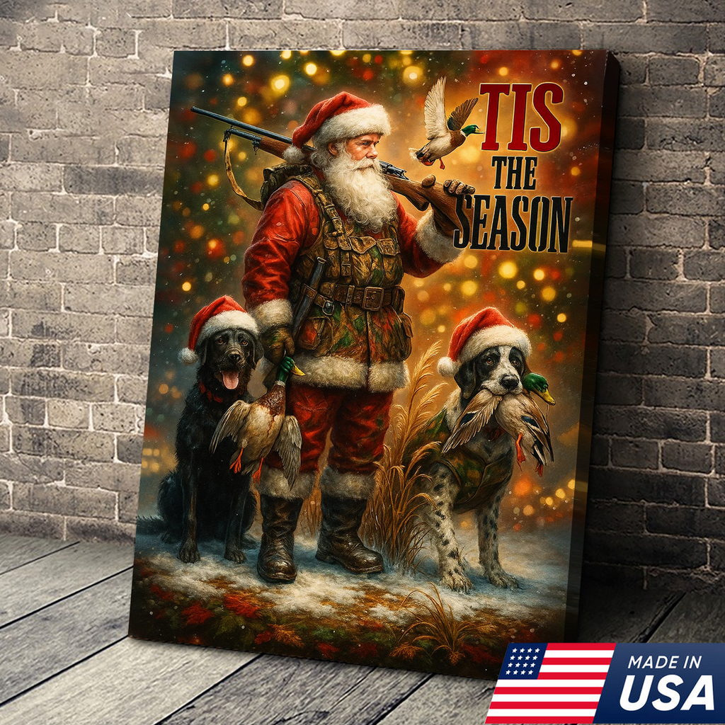 Rustic Christmas Hunting Canvas Art - Santa with Hunting Dogs and Ducks Holiday Wall Decor