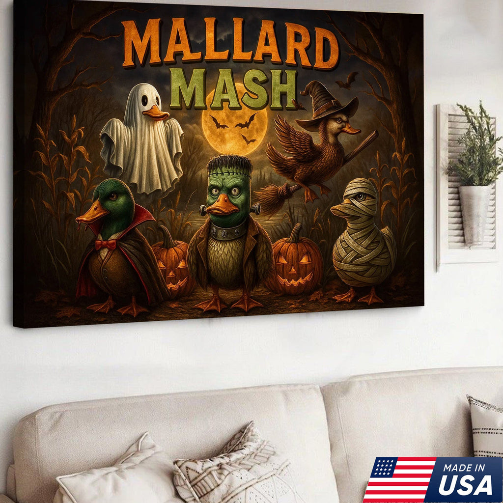 Mallard Mash Halloween Canvas Wall Art – Funny Ducks in Costumes with Pumpkins