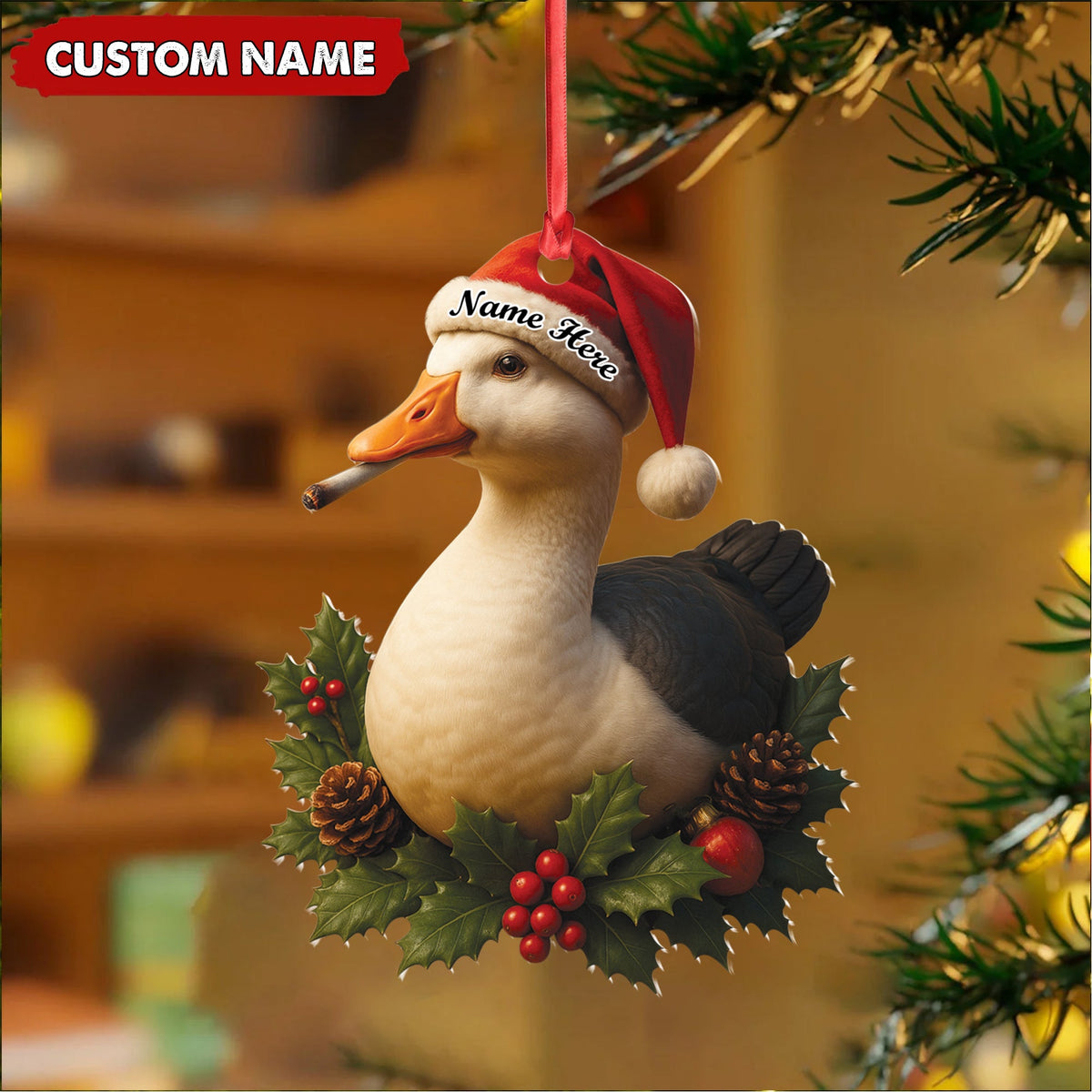 Personalized Funny Duck Smoking Acrylic Christmas Ornament – Custom Name Holiday Gift for Hunters & Outdoor Lovers
