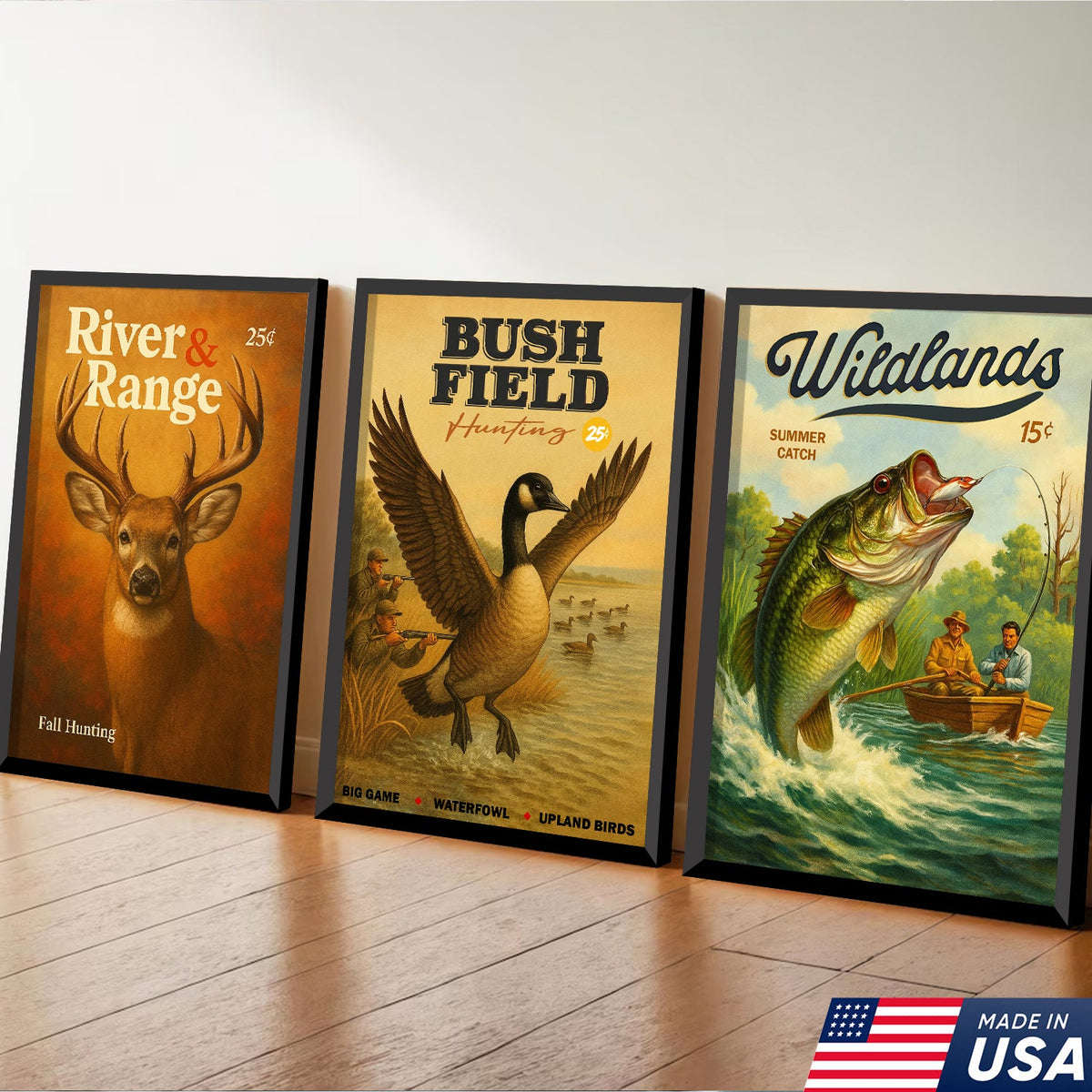 Set Of 3 Vintage Hunting & Fishing Canvas Wall Art Set – Rustic Lodge Decor Gift for Hunters & Anglers