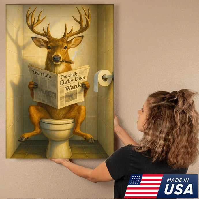 Funny Deer on Toilet Canvas – Quirky Animal Art Print with Smoking and Newspaper for Unique Wall Decor