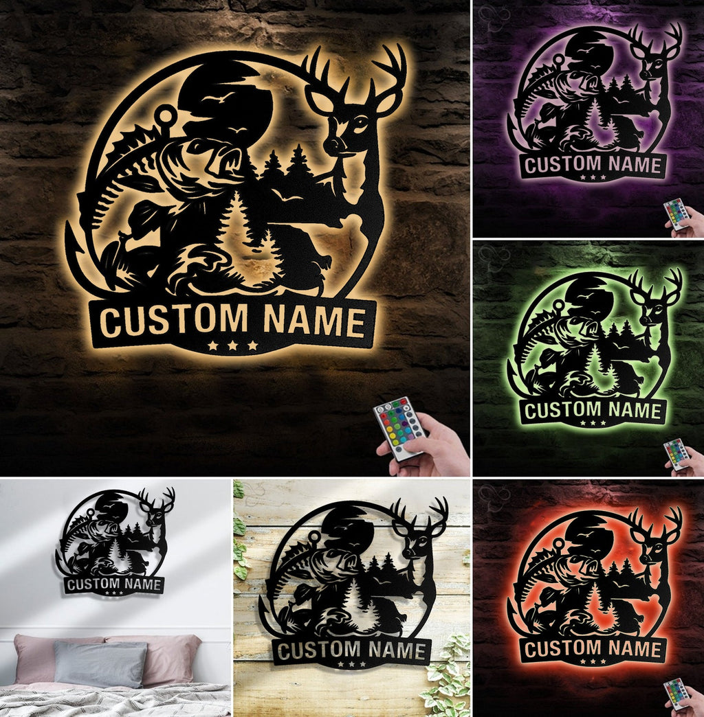 Personalized Deer and Fish Hunting Metal Sign WITH LED/WITHOUT LED, Rustic Cabin Wall Decor