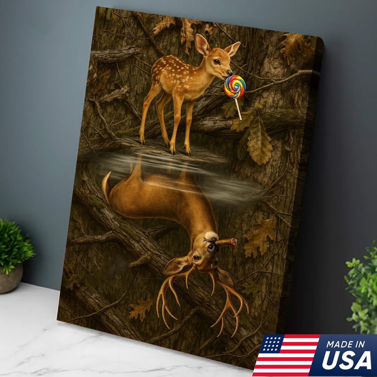 Whimsical Deer Reflection Canvas Art - Cute Fawn with Lollipop Forest Scene