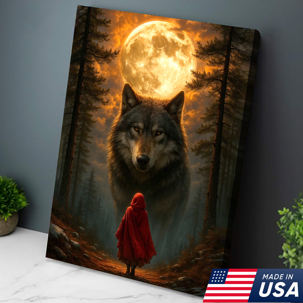 Wolf and Little Red Riding Hood Canvas Wall Art – Fantasy Moonlit Forest Scene