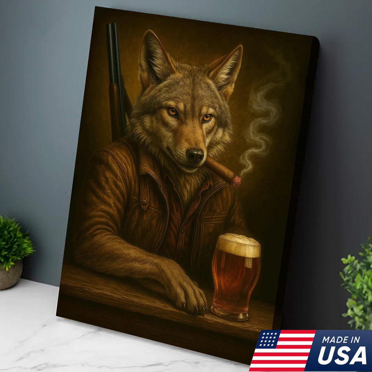 Alpha Wolf Coyote Canvas Wall Art – Fierce Surreal Portrait with Beer Glass, Bold Wilderness Decor