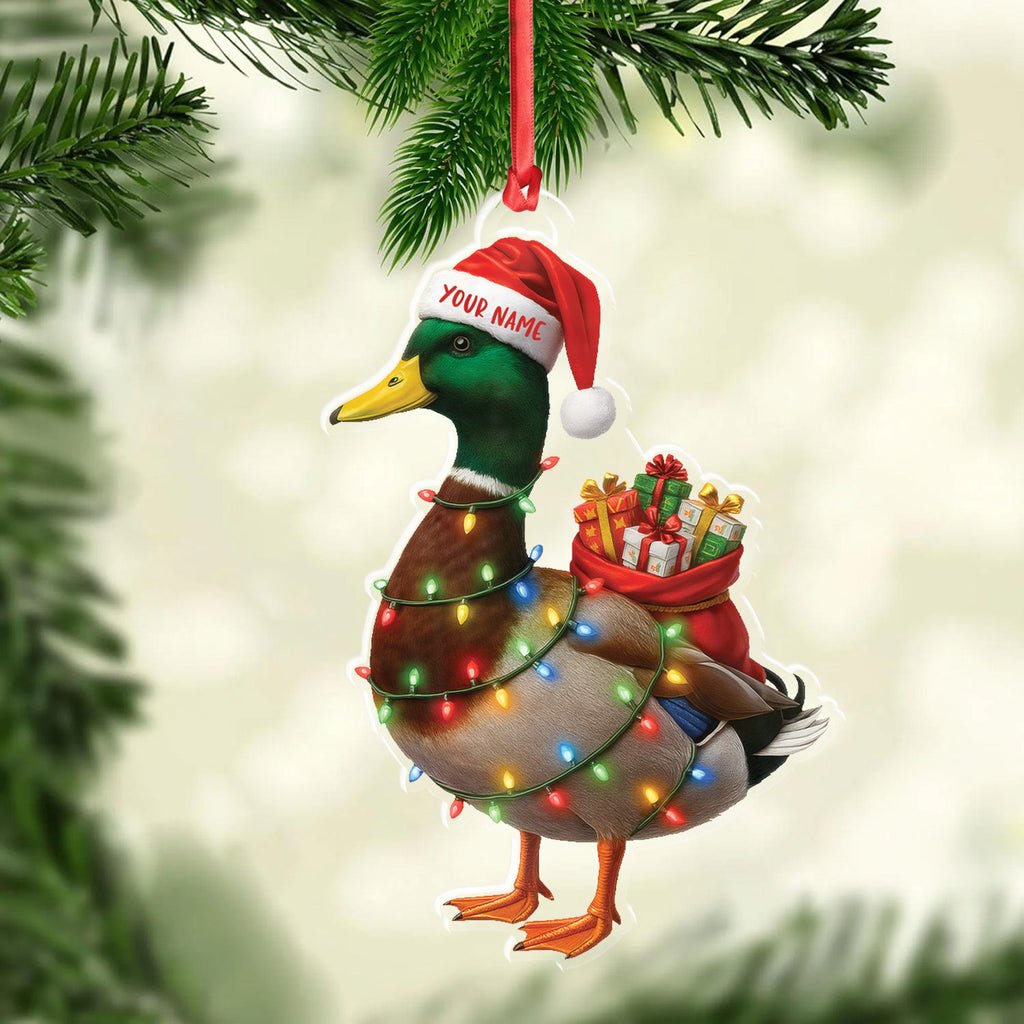 Funny Christmas Duck Acrylic Ornament – Mallard Santa with Lights and Gifts, Personalized Holiday Decoration for Duck Lovers, Unique Hunter Christmas Gift