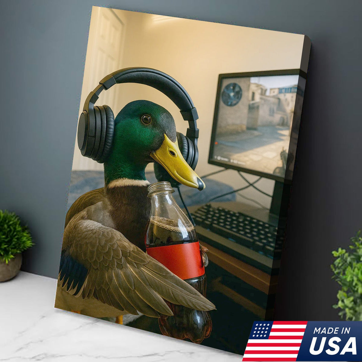Funny Gamer Duck Canvas Wall Art, Mallard With Headphones and Soda