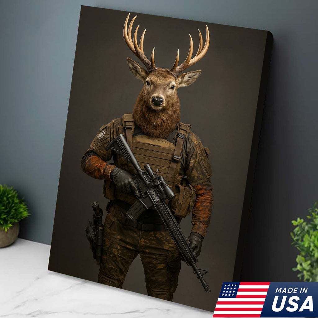 Tactical Deer Soldier Wall Art Canvas – Military Buck Canvas Print for Man Cave & Hunter Decor