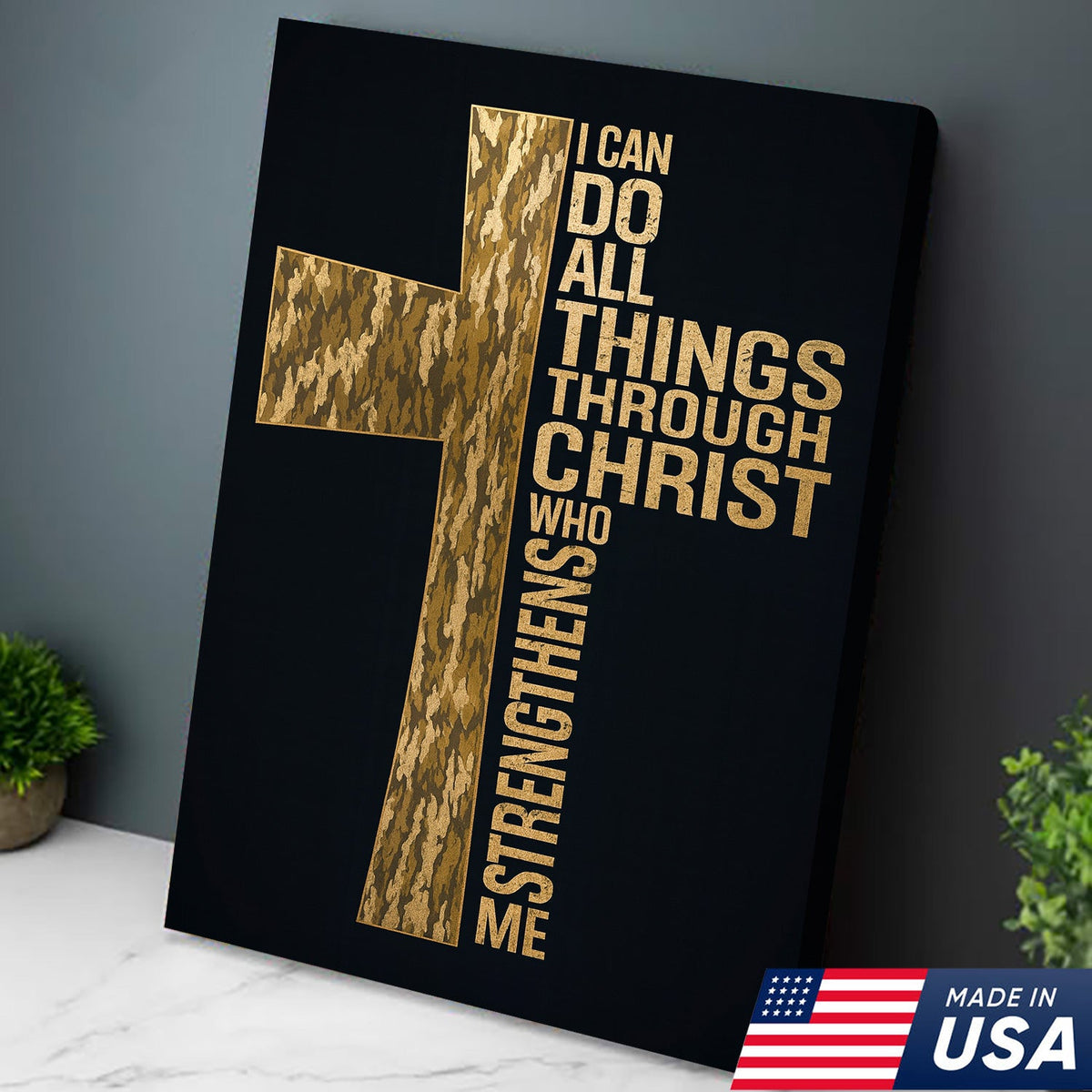 Camo Cross Christian Canvas Wall Art, Philippians 413 I Can Do All Things Through Christ Verse