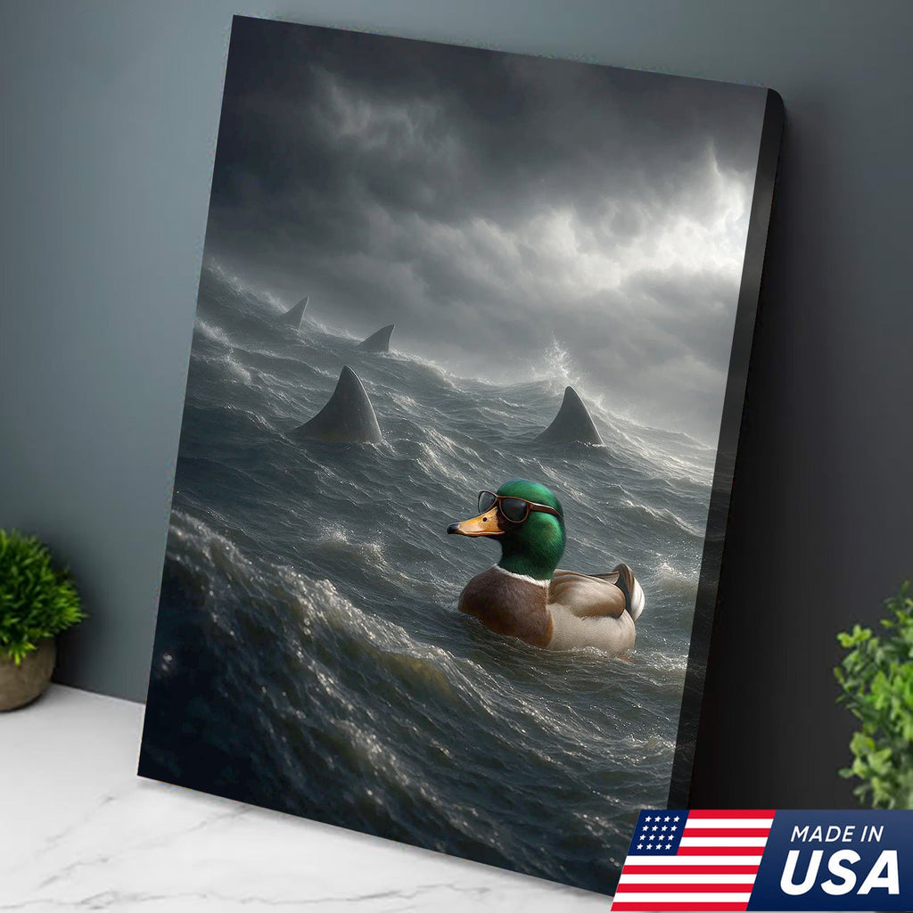 Funny Duck in Shark Infested Waters Canvas Wall Art, Cool Sunglasses Duck Ocean Storm Print