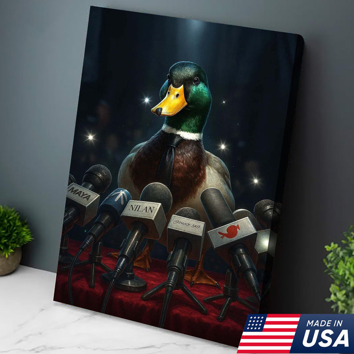 Confident Duck Press Conference Canvas Wall Art, Funny Animal Leader Humor Artwork