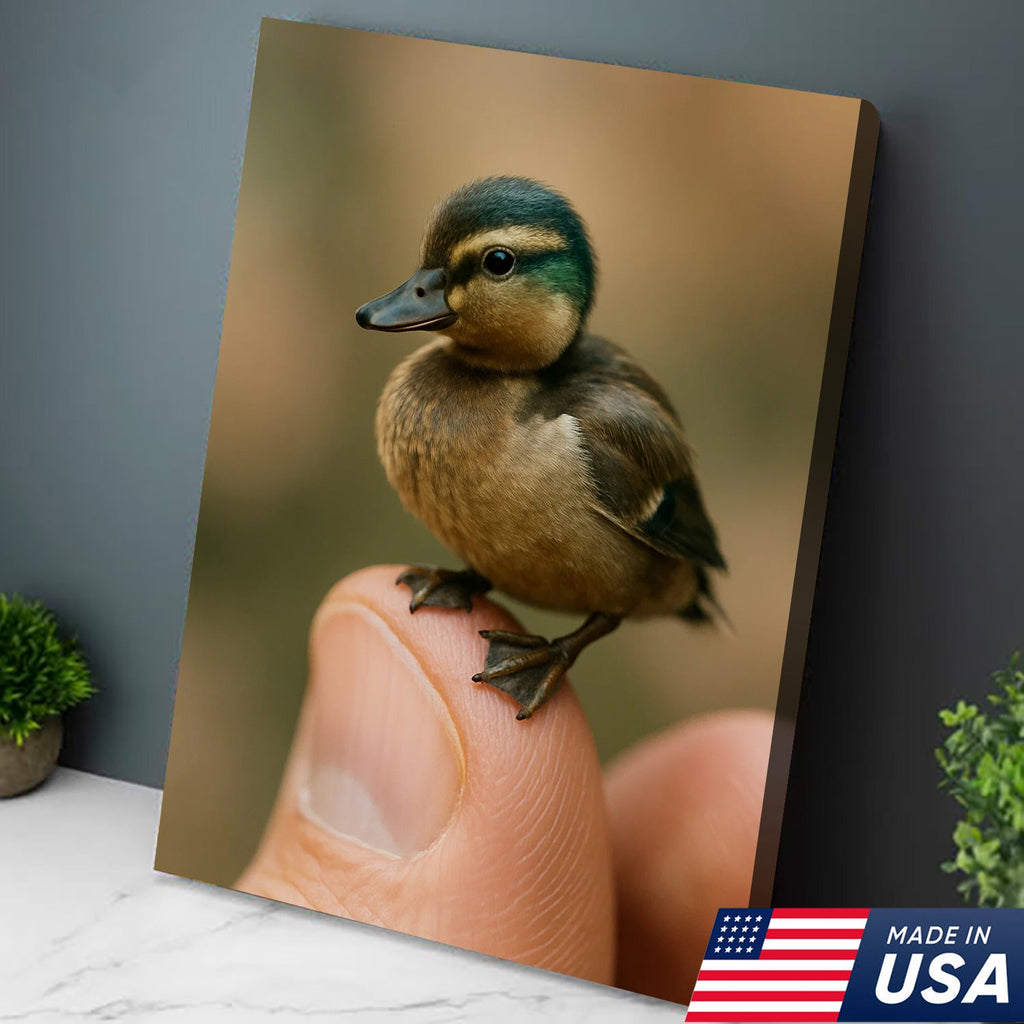 Cute Baby Duck Canvas Wall Art - Adorable Duckling Perched on Finger