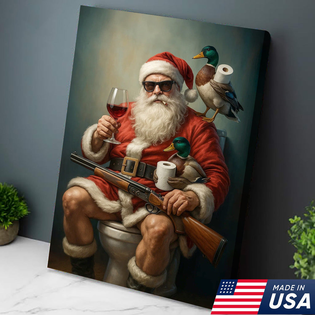 Santa Duck Hunting Christmas Canvas – Funny Holiday Wall Art for Rustic Cabin Bathroom Decor