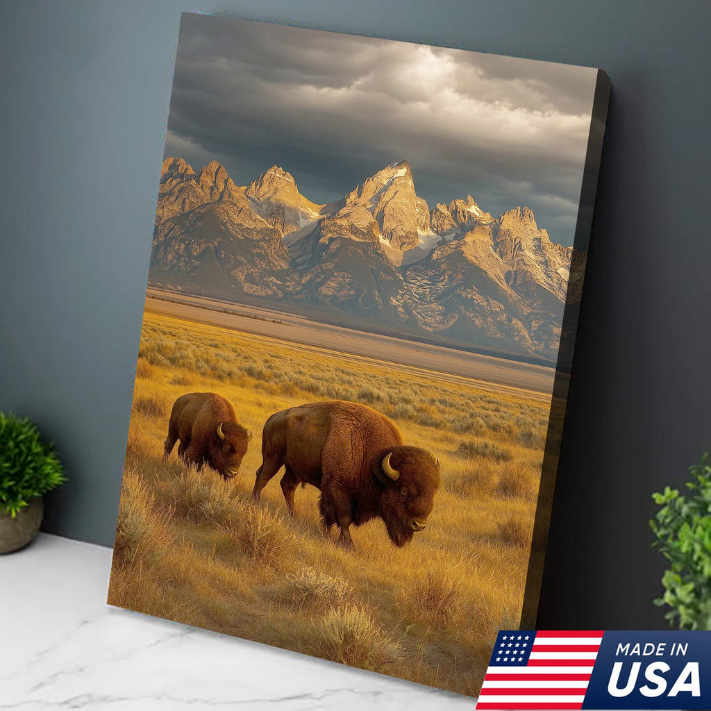 Buffalo Bison Canvas Wall Art, Grand Teton Mountain Landscape Print