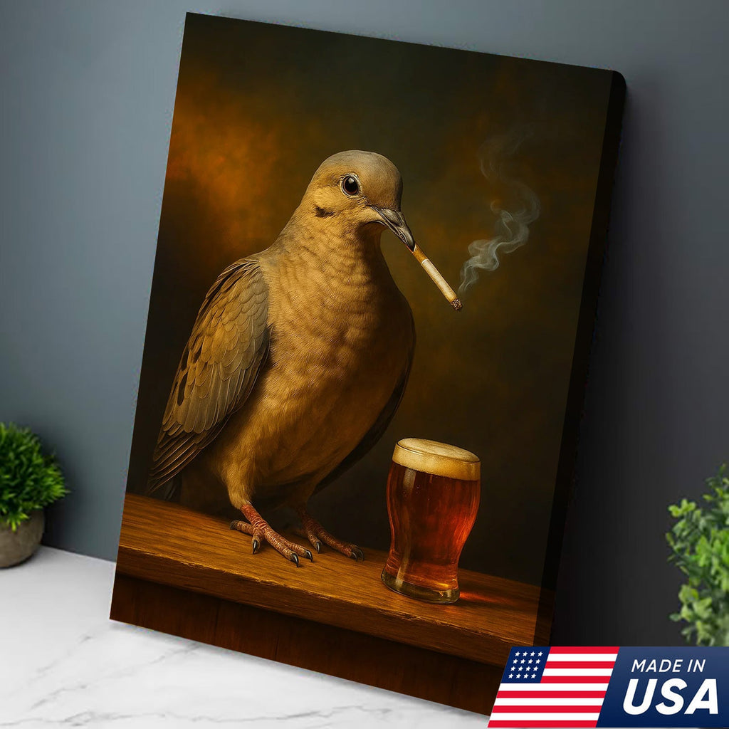 Rustic Mourning Dove Canvas Wall Art – Unique Wildlife Bar Scene with Beer