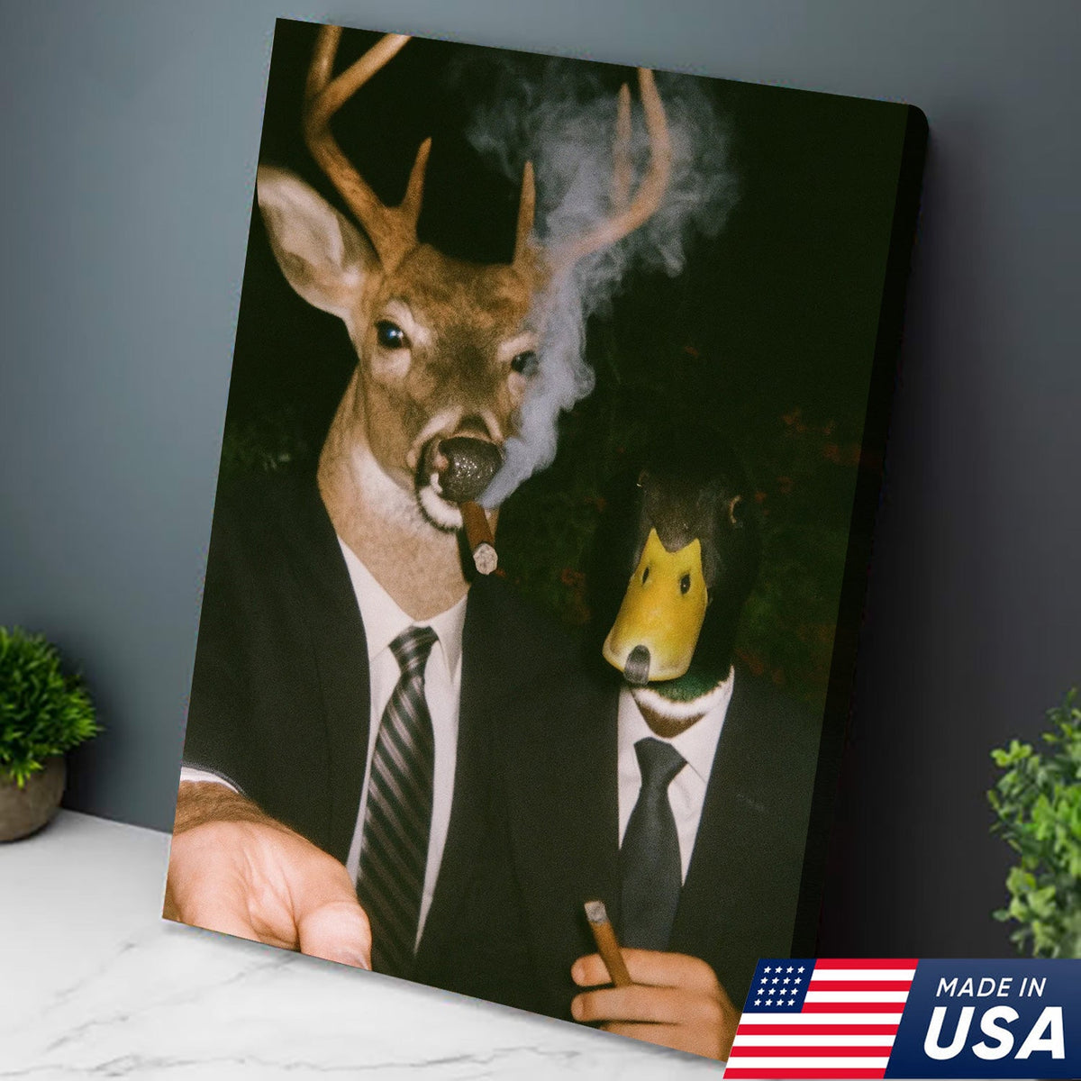 Funny Deer and Duck Canvas Wall Art - Hilarious Animal Duo in Suits
