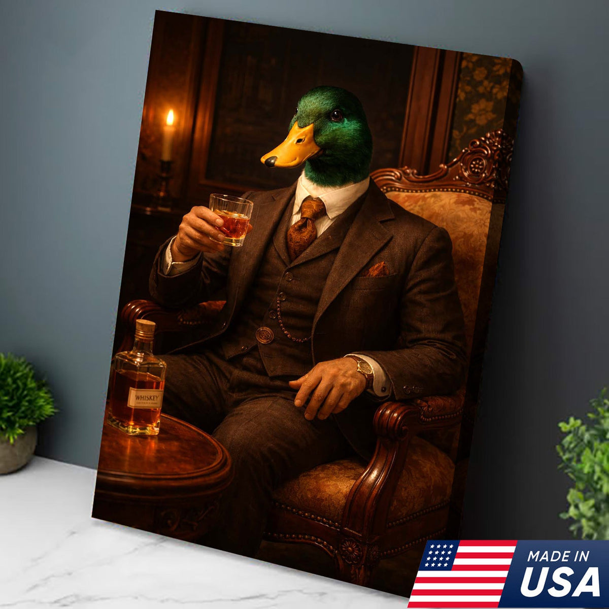 Gentleman Duck Whiskey Portrait Canvas Wall Art, Classy Anthropomorphic Animal Artwork