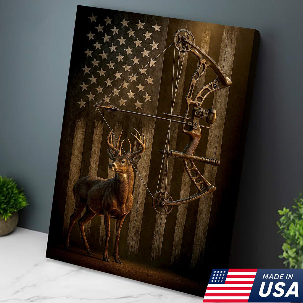 Deer and Bow American Flag Canvas Wall Art — Patriotic Hunting Decor Featuring Buck and Compound Bow