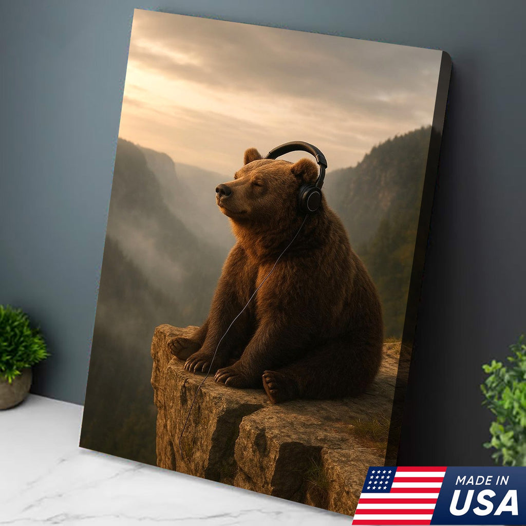 Funny Bear Wall Art, Chill Bear Canvas, Bear with Headphones Art