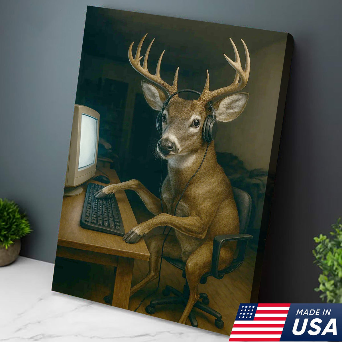 Gaming Deer Canvas Wall Art, Funny Headphone Buck at Computer