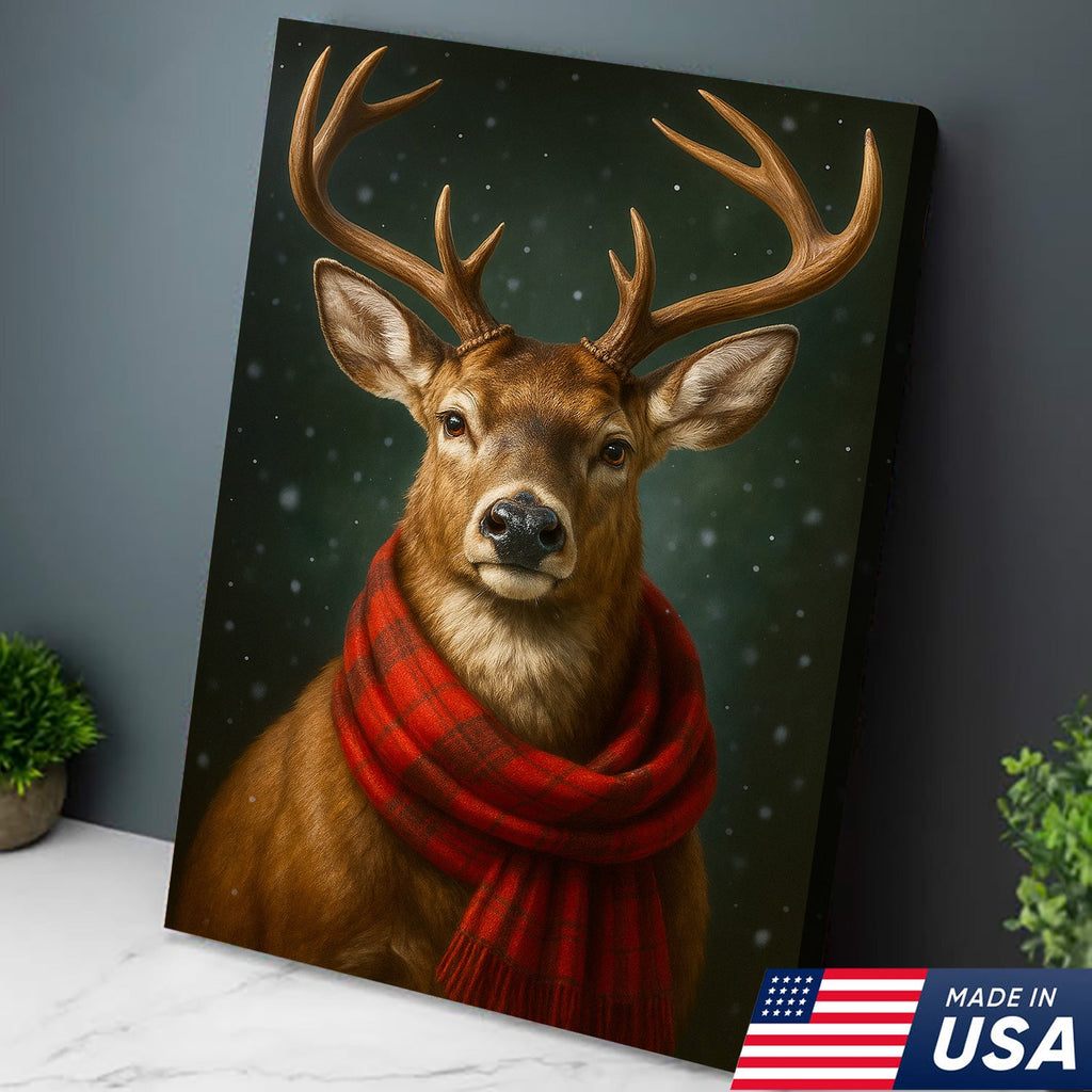 Winter Buck in Red Scarf – Christmas Cabin Wall Art, Rustic Christmas Decor