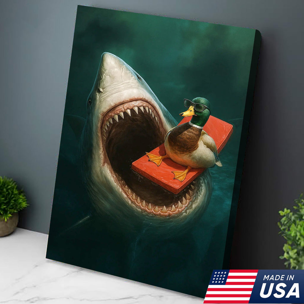 Funny Duck Shark Canvas Wall Art, Fearless Sunglasses Duck Floating Above Shark Jaws Print