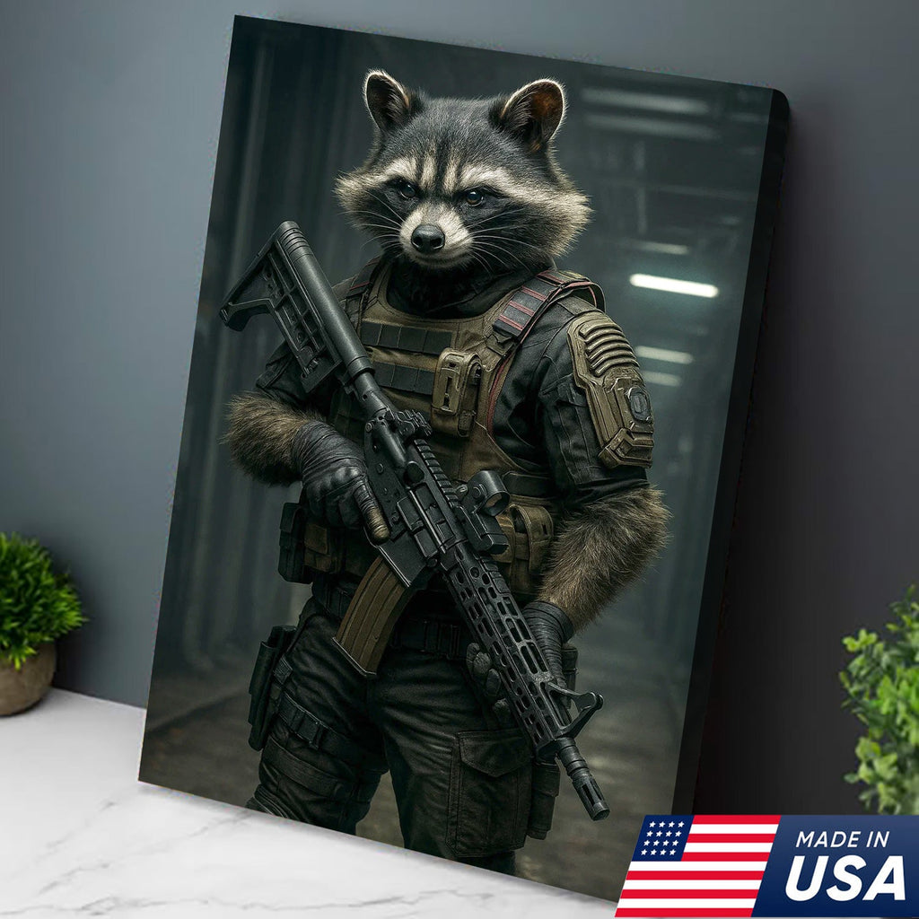 Tactical Raccoon Canvas Art – Elite Armored Trash Panda Warrior