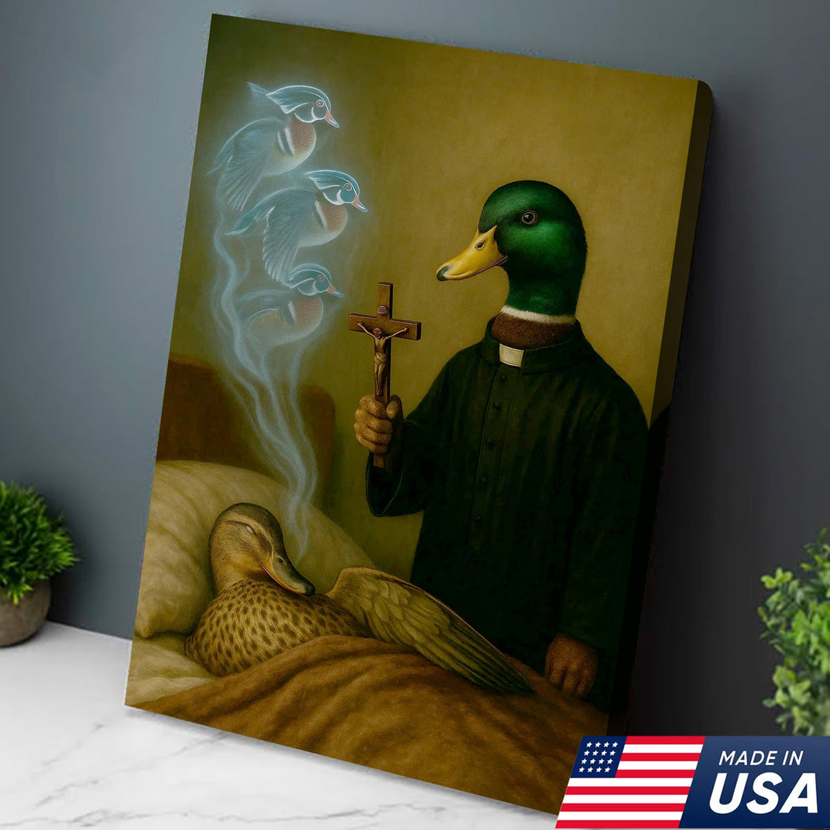 Priest Duck Canvas Wall Art, Surreal Animal Artwork, Funny Dark Humor Painting, Unique Gift for Hunters or Art Collectors